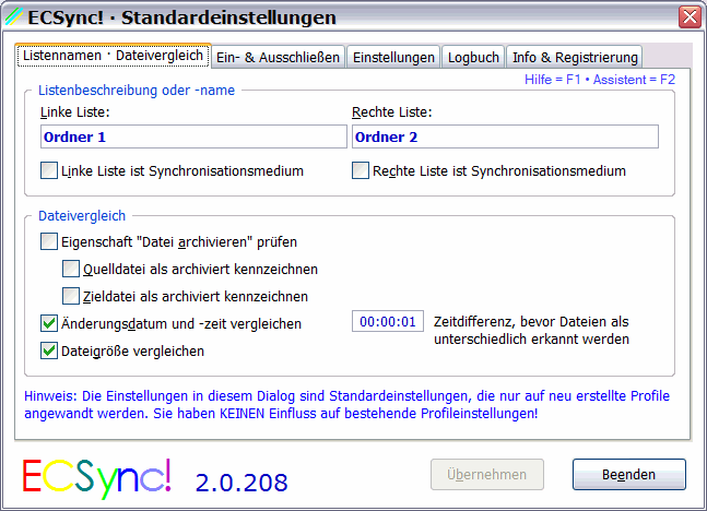 ECSync! · Standardeinstellungen – Listennamen · Dateivergleich