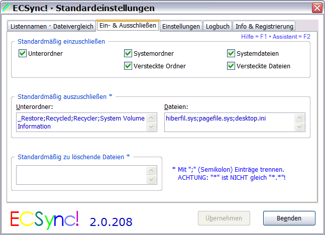 ECSync! · Standardeinstellungen – Ein- & Ausschließen