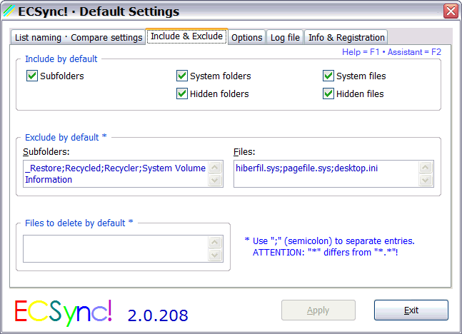 ECSync! · Default Settings – Include & Exclude