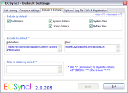 ECSync! · Default Settings – Include & Exclude