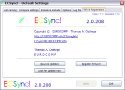 ECSync! · Default Settings – Info & Registration